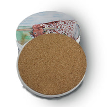 Load image into Gallery viewer, Back view of custom personalized drink coasters showing natural cork backing for surface protection and non-slip grip