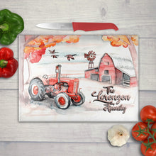 Load image into Gallery viewer, Watercolor artwork of a vintage tractor and red barn on a tempered glass cutting board – farmhouse kitchen decor.