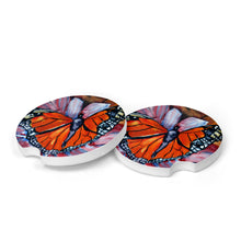 Load image into Gallery viewer, Discover the beauty of these two butterfly-themed coasters from the Lorenzen Farm Animal Style Car Coaster collection. Crafted in small batches from original watercolor designs, these coasters add a touch of vibrancy to your car, boat, or home. Make them even more special by adding a custom name for a personalized gift.