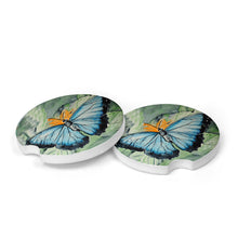 Load image into Gallery viewer, Two colorful butterfly coasters, part of the Lorenzen Farm Animal Style Car Coaster collection, perfect for adding a fresh and vibrant touch to your vehicle or home decor. Customizable with a personalized name for a unique gift.