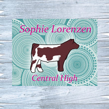 Load image into Gallery viewer, Make your livestock show standout with a personalized metal sign for heifers or steers. Available in three sizes, these high-quality signs from Lorenzen Farm Art are ideal gifts for youth show participants, ensuring every exhibit is showcased beautifully.