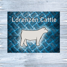 Load image into Gallery viewer, Enhance your show pen with a custom metal sign for heifers or steers. Each sign, crafted with care on Lorenzen Farm in Oklahoma, features durable metal construction and unique designs that won't fade over time.