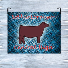 Load image into Gallery viewer, Personalize your show pen with a metal heifer or steer sign, customizable with your name, school, or animal's name. Choose from various fonts and styles to create a perfect addition to your youth show exhibit.