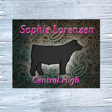 Load image into Gallery viewer, Enhance your show pen with a custom metal sign for heifers or steers. Each sign, crafted with care on Lorenzen Farm in Oklahoma, features durable metal construction and unique designs that won't fade over time.