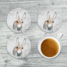 Load image into Gallery viewer, Illustrated donkey on ceramic drink coaster with cork backing, great for farmhouse or ranch-style homes.