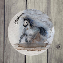 Load image into Gallery viewer, Customizable white horse coaster with a running horse design on a grey background, perfect for rustic home decor.
