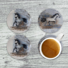 Load image into Gallery viewer, Western-themed drink coaster with a white horse running across a grey background, showcasing custom text for personalization.