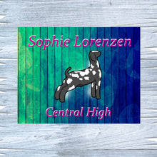 Load image into Gallery viewer, Elevate your livestock show with a personalized metal sign for goats. Offered in three sizes, these top-quality signs from Lorenzen Farm Art make ideal gifts for youth show participants, ensuring each exhibit stands out beautifully.