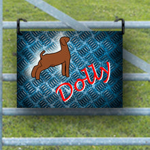 Load image into Gallery viewer, Elevate your goat's show pen with our personalized metal nameplate! Each sign can be customized with your goat's name, featuring different fonts and goat types. It's an ideal gift for young show enthusiasts. If you’re looking for a specific style and don’t find it here, contact us, and we’ll help you create the perfect addition!