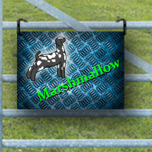 Load image into Gallery viewer, Add a personal touch to your goat's show pen with our custom metal nameplate! Each sign can be personalized with your goat's name and features a variety of fonts and goat types. This makes a fantastic gift for youth show participants. If you don’t see a design you love, feel free to reach out for assistance in creating the perfect sign for your show goat!