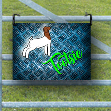 Load image into Gallery viewer, Make your goat stand out at shows with our personalized metal name sign! Each sign is customizable, allowing you to add your goat's name and choose from various fonts and goat types. This unique accessory is perfect for youth show participants. If you have a specific design in mind that you don’t see, just message us for assistance!