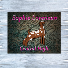 Load image into Gallery viewer, Elevate your livestock show with a personalized metal sign for goats. Offered in three sizes, these top-quality signs from Lorenzen Farm Art make ideal gifts for youth show participants, ensuring each exhibit stands out beautifully.