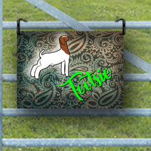 Load image into Gallery viewer, Make your goat stand out at shows with our personalized metal name sign! Each sign is customizable, allowing you to add your goat's name and choose from various fonts and goat types. This unique accessory is perfect for youth show participants. If you have a specific design in mind that you don’t see, just message us for assistance!