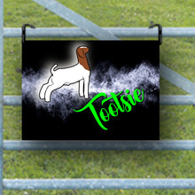 Load image into Gallery viewer, Elevate your goat's show pen with our personalized metal nameplate! Each sign can be customized with your goat's name, featuring different fonts and goat types. It's an ideal gift for young show enthusiasts. If you’re looking for a specific style and don’t find it here, contact us, and we’ll help you create the perfect addition!
