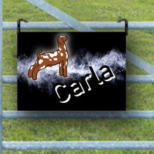 Load image into Gallery viewer, Make your goat stand out at shows with our personalized metal name sign! Each sign is customizable, allowing you to add your goat's name and choose from various fonts and goat types. This unique accessory is perfect for youth show participants. If you have a specific design in mind that you don’t see, just message us for assistance!