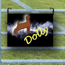 Load image into Gallery viewer, Add a personal touch to your goat's show pen with our custom metal nameplate! Each sign can be personalized with your goat's name and features a variety of fonts and goat types. This makes a fantastic gift for youth show participants. If you don’t see a design you love, feel free to reach out for assistance in creating the perfect sign for your show goat!