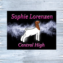Load image into Gallery viewer, Metal show sign for your goat, personalized with your name, school name, or animal's name. Great gift for youth show person. Accessorize with different fonts and types of goat. Message me for more variations.