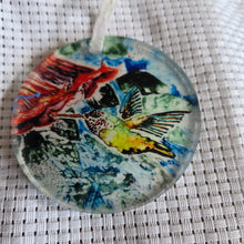 Load image into Gallery viewer, Round translucent decorative ornament featuring a bold hummingbird design on a textured white background.