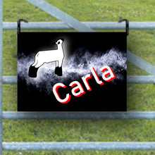 Load image into Gallery viewer, Custom Sheep Name Sign: Personalized metal sign displaying a sheep's name in vibrant colors, perfect for enhancing any show pen.