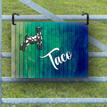 Load image into Gallery viewer, Add a personal touch to your goat's show pen with our custom metal nameplate! Each sign can be personalized with your goat's name and features a variety of fonts and goat types. This makes a fantastic gift for youth show participants. If you don’t see a design you love, feel free to reach out for assistance in creating the perfect sign for your show goat!