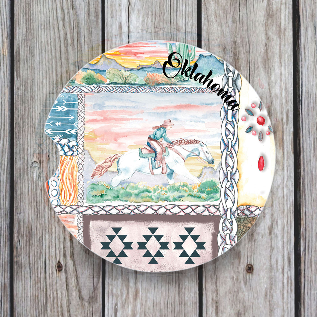 Handmade cowgirl pattern car coaster, absorbent ceramic coaster for vehicles, RVs, and boats