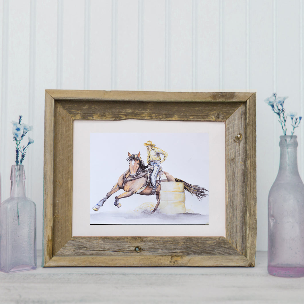 riginal watercolor painting of a horse head by Lorenzen Art, depicting the graceful beauty of a rodeo horse and barrel racer in intricate detail. Hand-painted at Lorenzen Farm in Oklahoma, this artwork exudes rural charm and craftsmanship. Perfect for gifting on birthdays, holidays, or special occasions, it adds rustic elegance to any space.