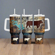 Load image into Gallery viewer, Custom 40 oz metal tumbler with handle, straw, and lid, showcasing vibrant designs for livestock lovers. Ideal for shows and everyday use.
