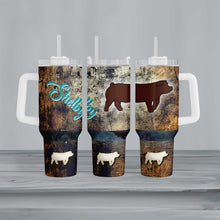 Load image into Gallery viewer, &quot;Personalized 40 oz metal tumbler with handle, straw, and lid, featuring a unique design showcasing livestock pride. Perfect for show enthusiasts and ideal for keeping beverages at the perfect temperature.&quot;
