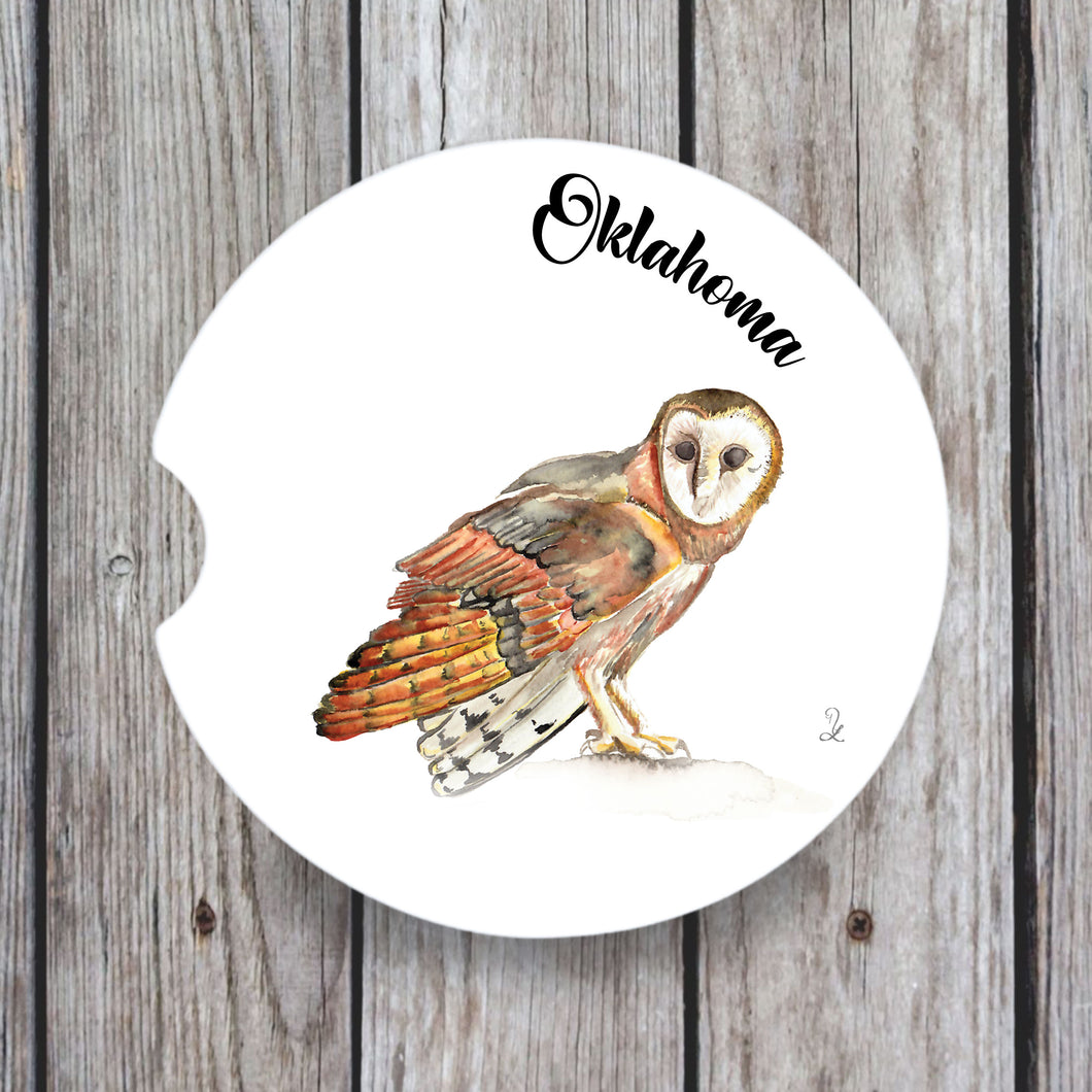 Hand-painted owl artwork car coaster – woodland theme