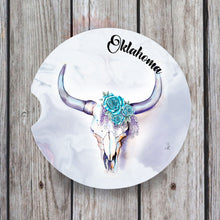 Load image into Gallery viewer, Cow Skull with Rose &amp; Wisteria Car Coaster – Original Art by Nicole Lorenzen | Handmade in Oklahoma
