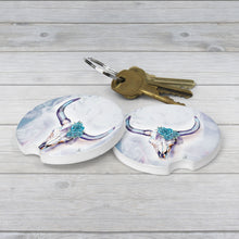 Load image into Gallery viewer, Cow Skull with Rose &amp; Wisteria Car Coaster – Original Art by Nicole Lorenzen | Handmade in Oklahoma
