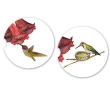 Load image into Gallery viewer, Two ceramic coasters with watercolor bird designs. Made in small batches, they soak up water and are easy to clean. Perfect gift for any occasion!
