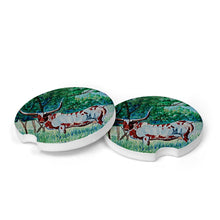 Load image into Gallery viewer, Unique ceramic coasters with watercolor Texas Longhorn designs. Made in small batches, they absorb water and are easy to clean. Ideal for cars and homes! 
