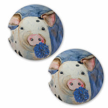 Load image into Gallery viewer, Lorenzen watercolor pig and flower car coaster, absorbent ceramic keeps cup holders dry. A fun and functional gift for those who love unique accessories!
