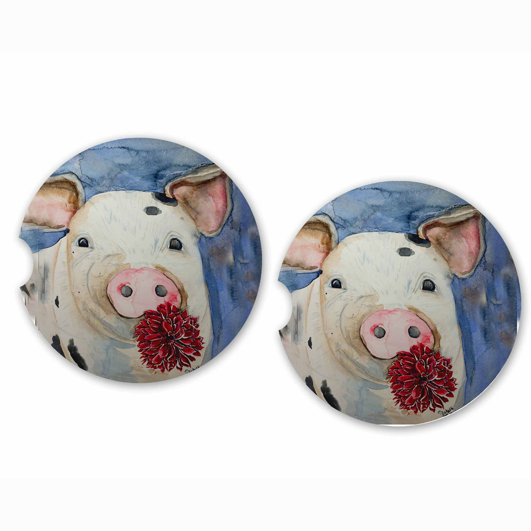 Colorful pig and flower design car coaster, made with absorbent ceramic material. Handmade and perfect for keeping your vehicle clean and dry