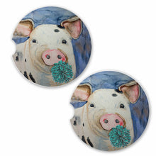 Load image into Gallery viewer, Artistic pig and flower car coaster, handmade with a watercolor design. Absorbent ceramic material keeps moisture away, a great gift for any occasion
