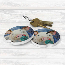 Load image into Gallery viewer, Unique pig and flower watercolor car coaster by Lorenzen, crafted from absorbent ceramic. Keeps your vehicle dry and stylish, ideal for animal lovers!

