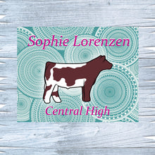 Load image into Gallery viewer, Make your livestock show standout with a personalized metal sign for heifers or steers. Available in three sizes, these high-quality signs from Lorenzen Farm Art are ideal gifts for youth show participants, ensuring every exhibit is showcased beautifully.
