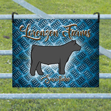 Load image into Gallery viewer, Make your livestock show standout with a personalized metal sign for heifers or steers. Available in three sizes, these high-quality signs from Lorenzen Farm Art are ideal gifts for youth show participants, ensuring every exhibit is showcased beautifully.
