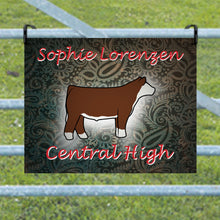 Load image into Gallery viewer, Personalize your show pen with a metal heifer or steer sign, customizable with your name, school, or animal&#39;s name. Choose from various fonts and styles to create a perfect addition to your youth show exhibit.
