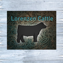 Load image into Gallery viewer, Make your livestock show standout with a personalized metal sign for heifers or steers. Available in three sizes, these high-quality signs from Lorenzen Farm Art are ideal gifts for youth show participants, ensuring every exhibit is showcased beautifully.
