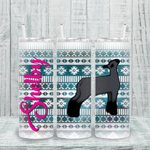 Load image into Gallery viewer, Custom lamb show tumbler featuring a personalized name and unique watercolor design. Ideal for livestock shows and animal lovers. Insulated metal with lid and straw
