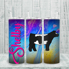 Load image into Gallery viewer, Personalized skinny tumbler for kids featuring custom names and vibrant animal illustrations. Great for livestock shows, school farms, and special occasions.
