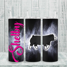 Load image into Gallery viewer, &quot;Custom pig show tumbler featuring a personalized name and unique watercolor design. Ideal for livestock shows and animal lovers. Insulated metal with lid and straw.&quot;
