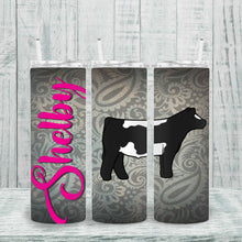 Load image into Gallery viewer, Custom Cattle show tumbler featuring a personalized name and unique watercolor design. Ideal for livestock shows and animal lovers. Insulated metal with lid and straw.
