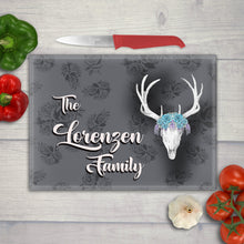 Load image into Gallery viewer, Tempered glass cutting boards with Southwestern-inspired deer skull watercolor designs
