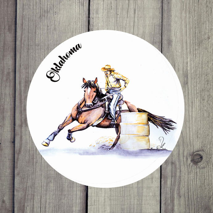 Absorbent ceramic drink coaster with a silhouette of a barrel racer, combining functional design with rodeo flair.
