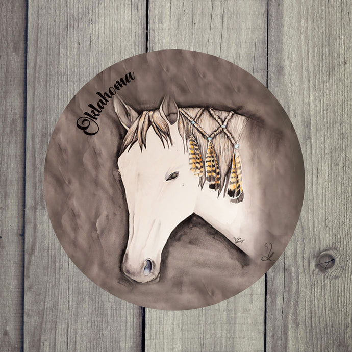Absorbent drink coaster with a powerful horse and feather design, inspired by Native American symbolism.