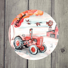 Load image into Gallery viewer, Close-up of an absorbent ceramic drink coaster featuring a red antique tractor and barn design, perfect for rustic farmhouse decor.
