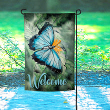 Load image into Gallery viewer, Custom Saying Butterfly Yard Flag. Handcrafted watercolor-style garden yard flag with southern countryside-inspired design from Lorenzen Farm in Oklahoma.
